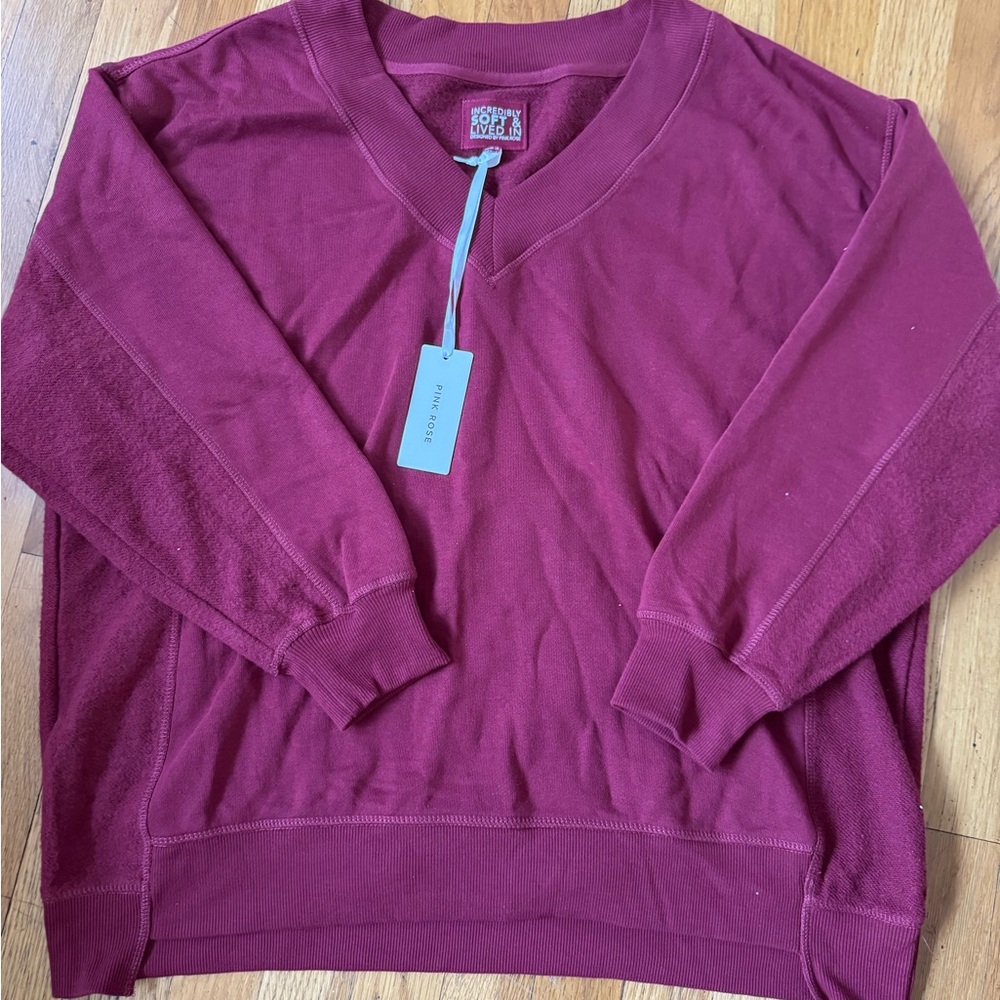 Pink Rose V-Neck Sweater in Rich Burgundy